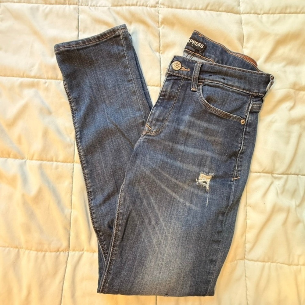 Express Skinny Jeans Women 29 Dark Wash Good Distressed Ripped Denim